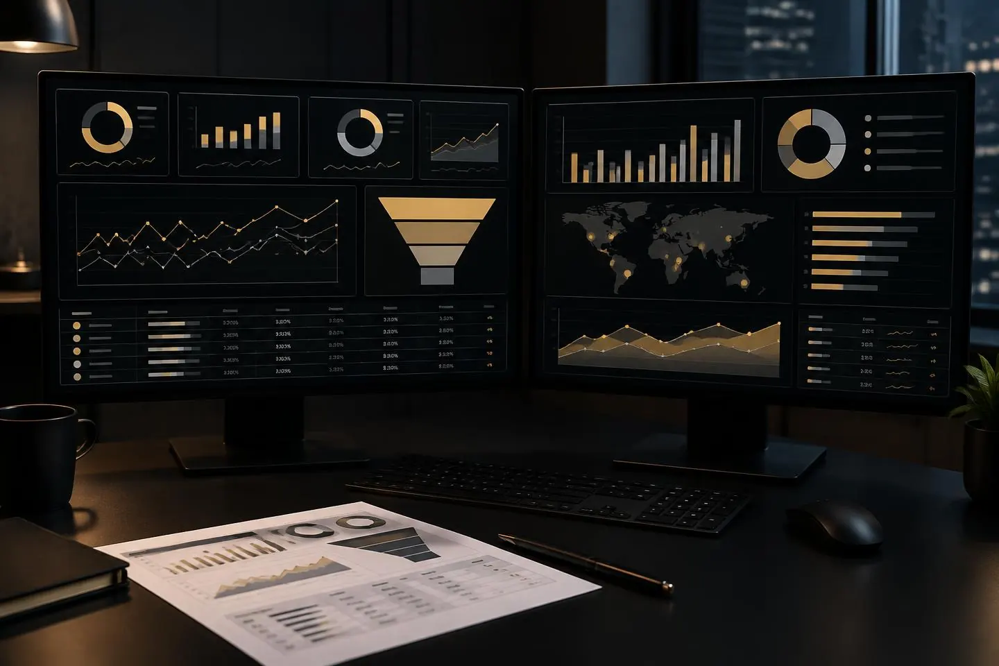 Illustrative KPI reporting dashboards with funnel and trend charts on two monitors