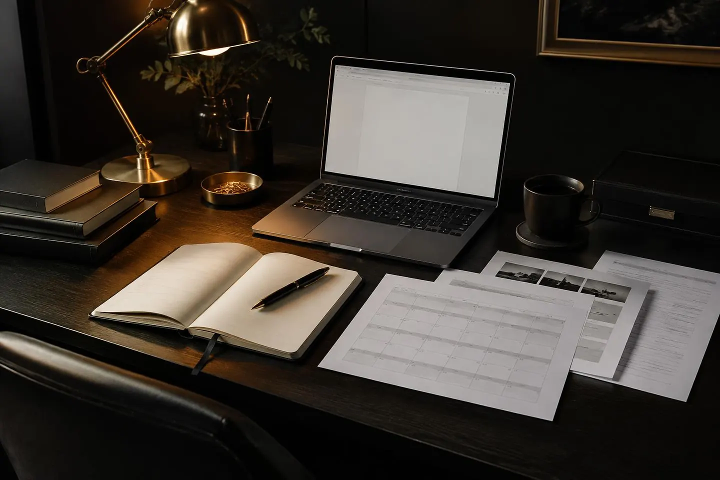 Illustrative editorial desk with a notebook, printed content calendar and draft document