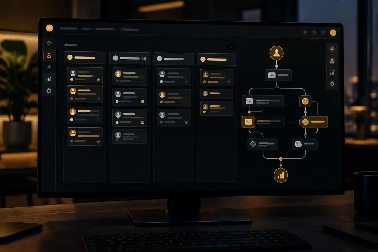 Illustrative CRM pipeline board and automated customer journey workflow