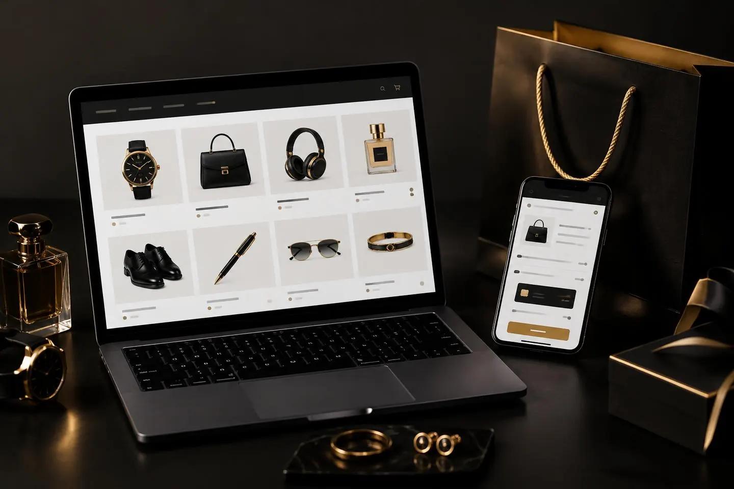 Illustrative online store product grid on a laptop with a mobile checkout screen