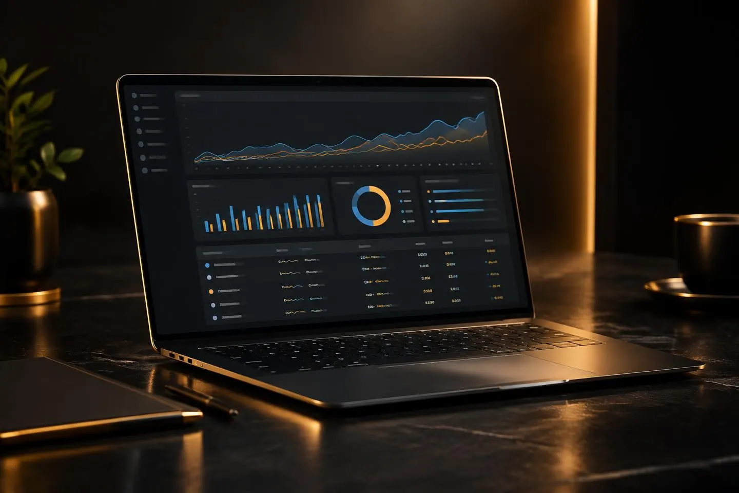 Illustrative search performance dashboard on a laptop with visibility trend charts
