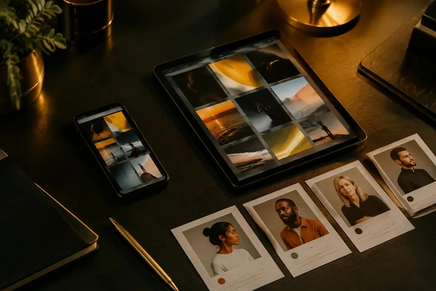 Illustrative social ad creative variations on a phone and tablet beside audience persona cards