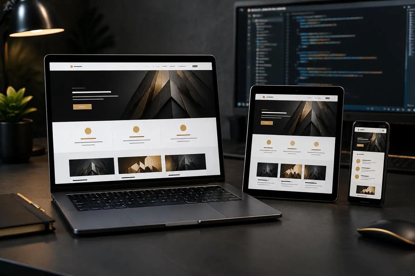 Illustrative responsive website layout shown on laptop, tablet and phone