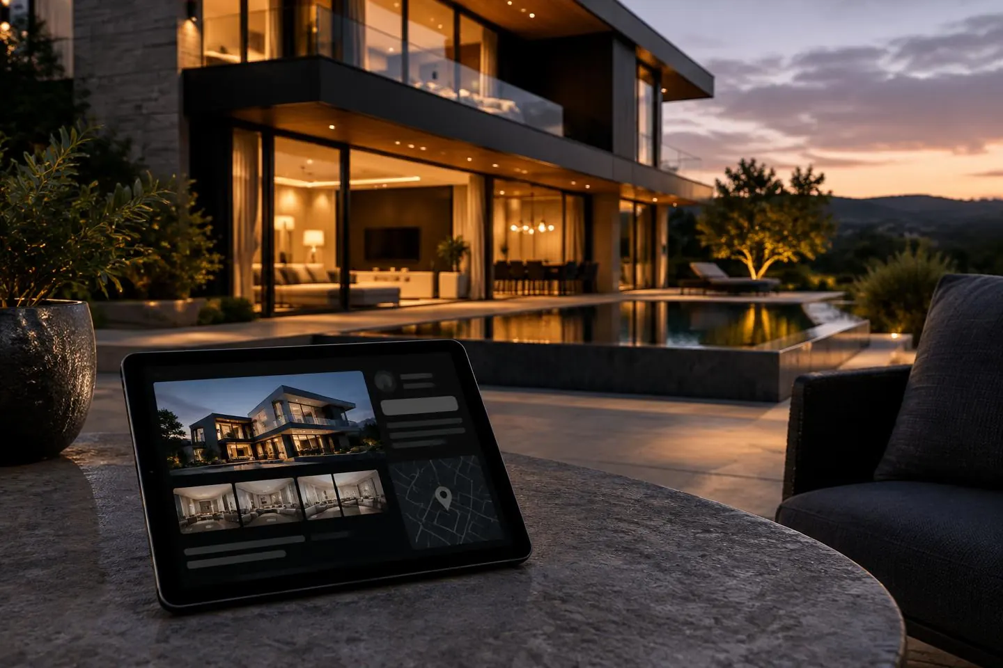 Illustrative modern residence at dusk with a property listing page on a tablet